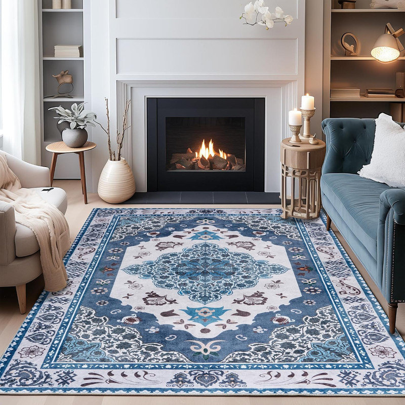 Machine Washable Indoor&Outdoor Area Rug Non-Slip Backing Blue Vintage Low Pile Rug for Living Room Bedroom Dorm Hotel
