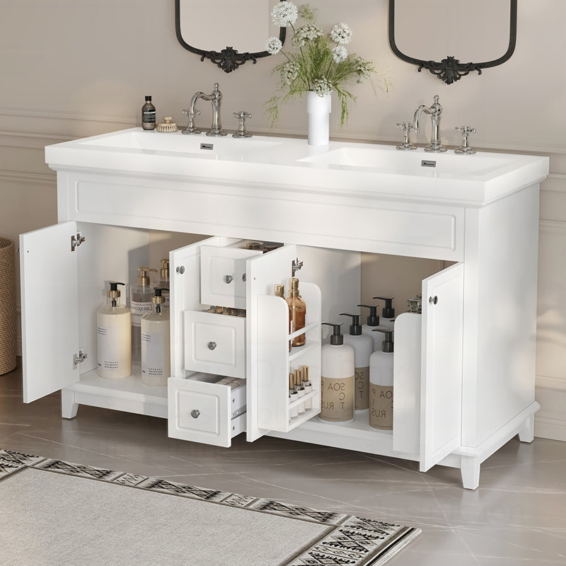 Meuble-lavabo avec lavabo double en résine, 3 tiroirs, 4 portes et mécanisme de fermeture en douceur pour les salles de bain de taille moyenne à grande