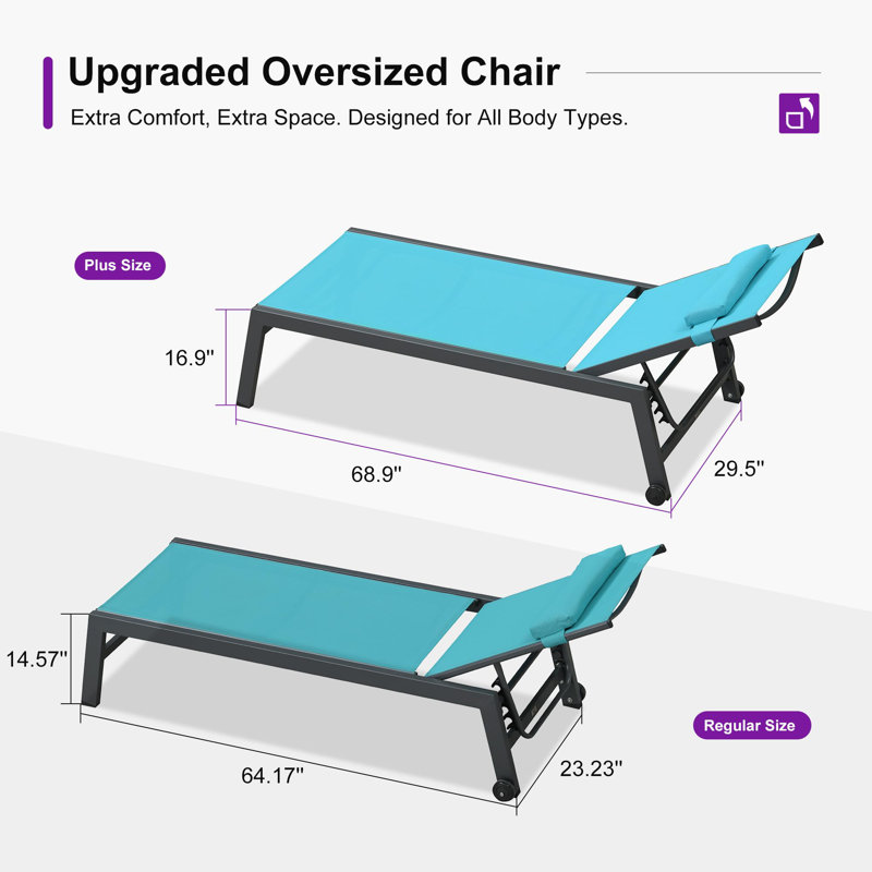 Outdoor Oversized Patio Chaise Pool Lounger Aluminum Frame With Side Table And Wheels, Blue