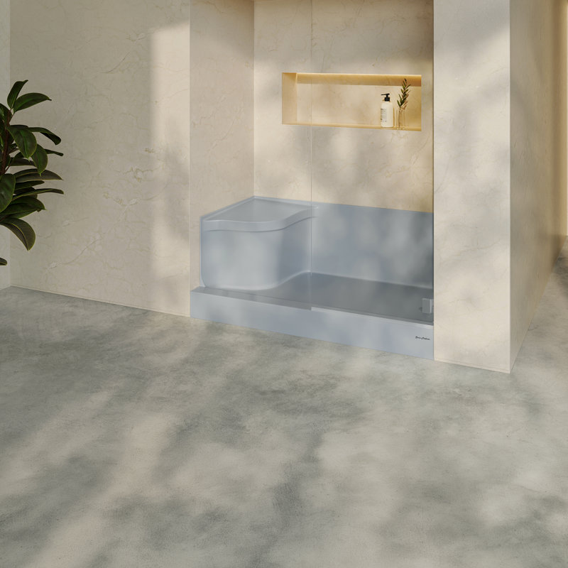 Receveur de douche Aquatique 60 po x 32 po à seuil unique avec bonde à droite et siège intégré à gauche, gris, Gris, Oui