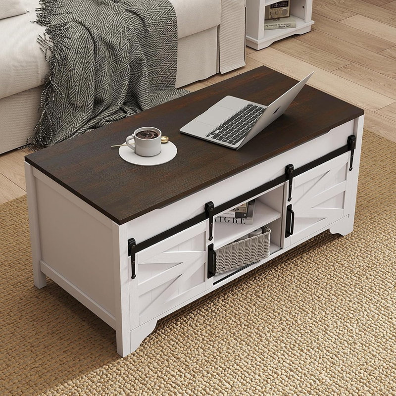 Modern Rectangular Center Table With Hidden Storage & Sliding Barn Door, Rustic White With Brown Top
