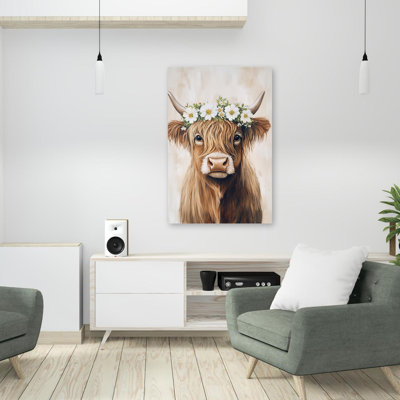 Floral Highland Lass - Contemporary Farm Animal Cow Floral Crown Art
