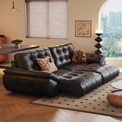 86.61"Black Modern Top Grain Leather Sofa Bed