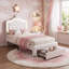 Warmth Single Bed Frame Kids Bed With LED, PU Upholstered Bed With Drawer And Adjustable Height Headboard, Platform Bed Frame With Solid Wood Slats, Easy Assembly-2111048253-2111048254