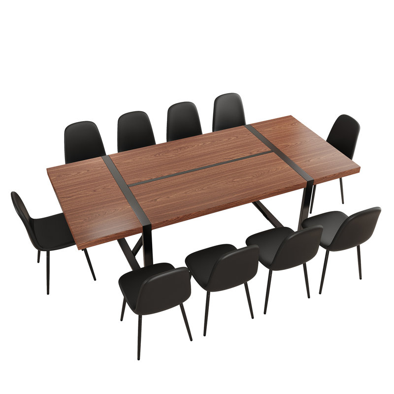 Ensemble de table de salle à manger en bois 87 po avec chaise rembourrée en cuir PU, 9 pièces : table, 8 chaises, Noir