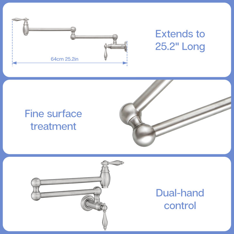 Wall Mount Pot Filler Faucet, Brass Material Kitchen Folding Faucet, With Stretchable Double Joint Swing Arms