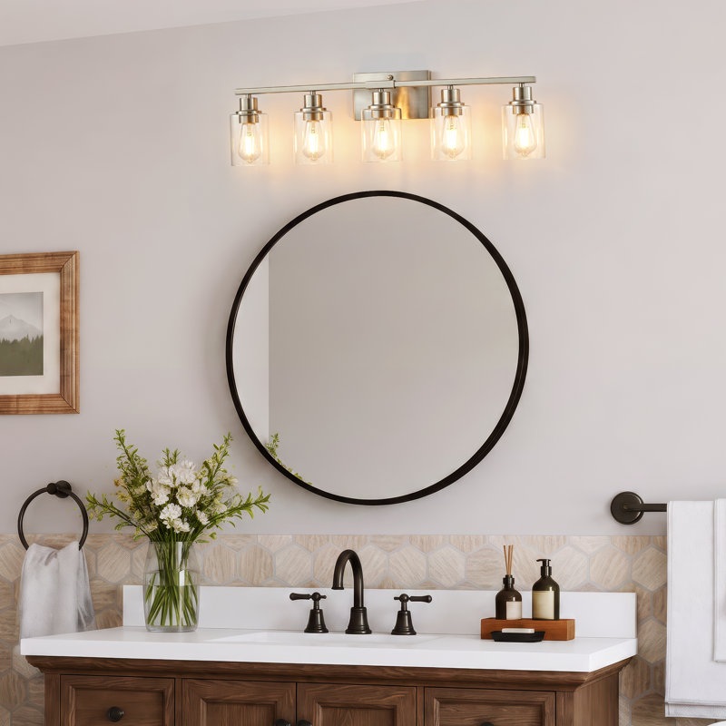 Éclairage de salle de bain 5 lumières à intensité variable, Nickel satiné et transparent, 5