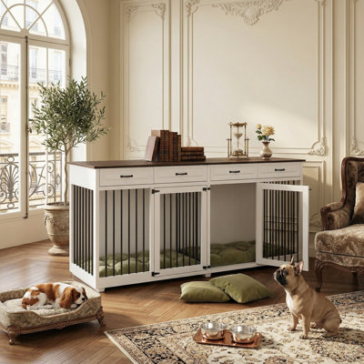 Furniture-Style Dog Crate, 86.6" L X 27.6" W X 37.4" H, Double Dog Kennel With Divider & Storage Drawers,
