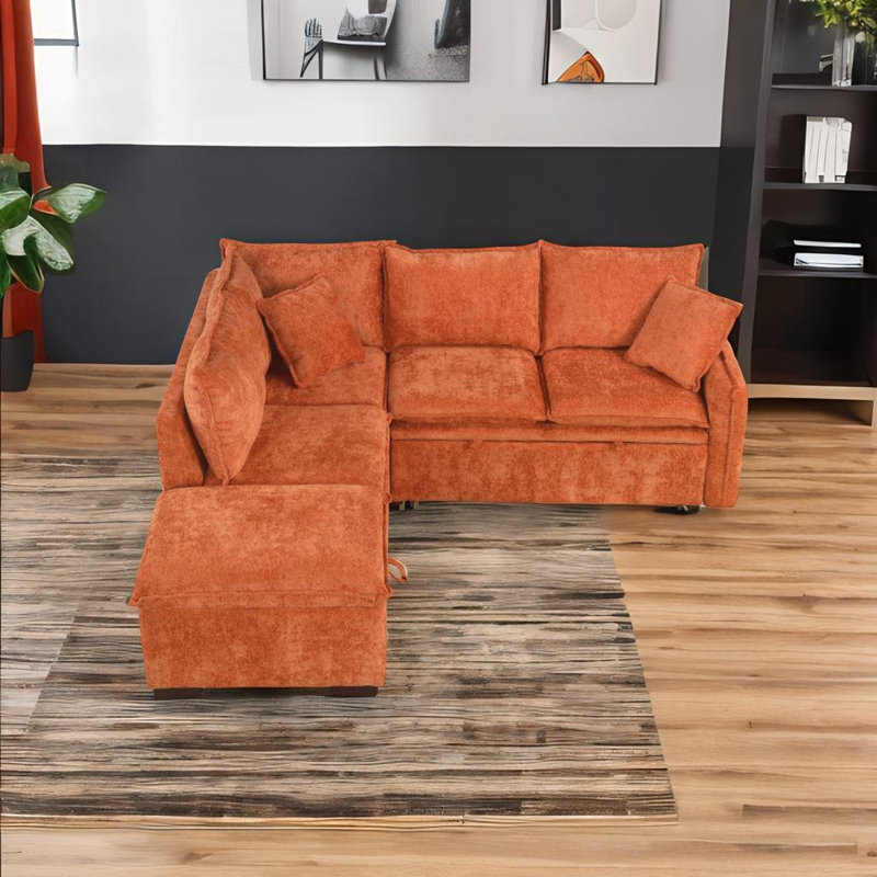 Talynn Upholstered L-Shaped Sectional with Ottoman, Orange Chenille