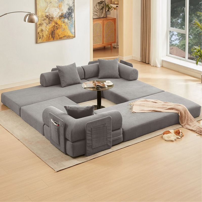 Canapé modulaire en L 3 places en velours côtelé avec coussin de siège à double couche pliable pour canapé d'appoint, Gris