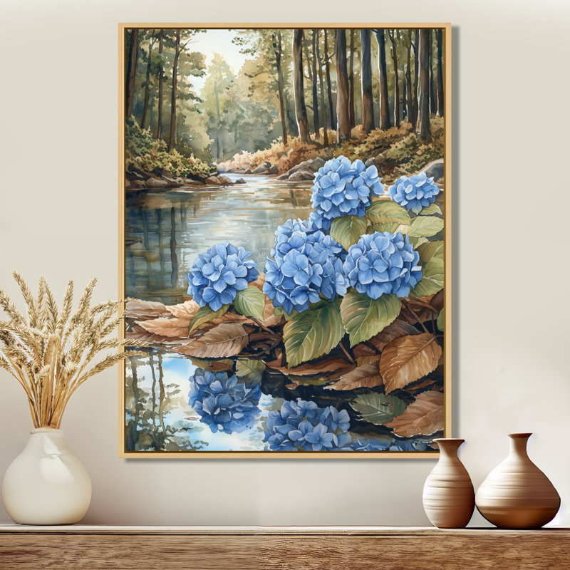 Hydrangées par la rivière Forest II - hydrangées, art mural, H 44 po x l 34 po, Reproduction avec cadre flottant