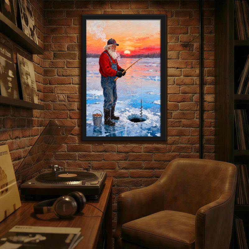 Noël, pêche sur glace, homme, coucher de soleil, scène d'hiver, H 24 po x l 16 po