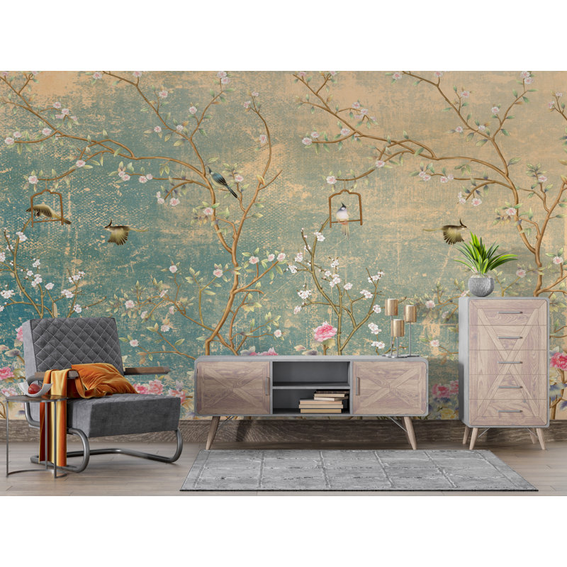 Vintage Chinoiserie on Grunge Peel and Stick Wallpaper Mural, 125" W x 80" L