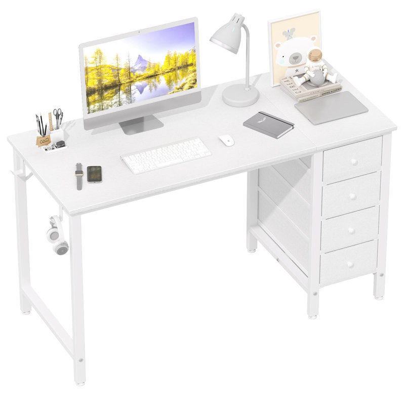 Computer Desk With Fabric Drawers, 47" Reversible Study And Work Desk, White