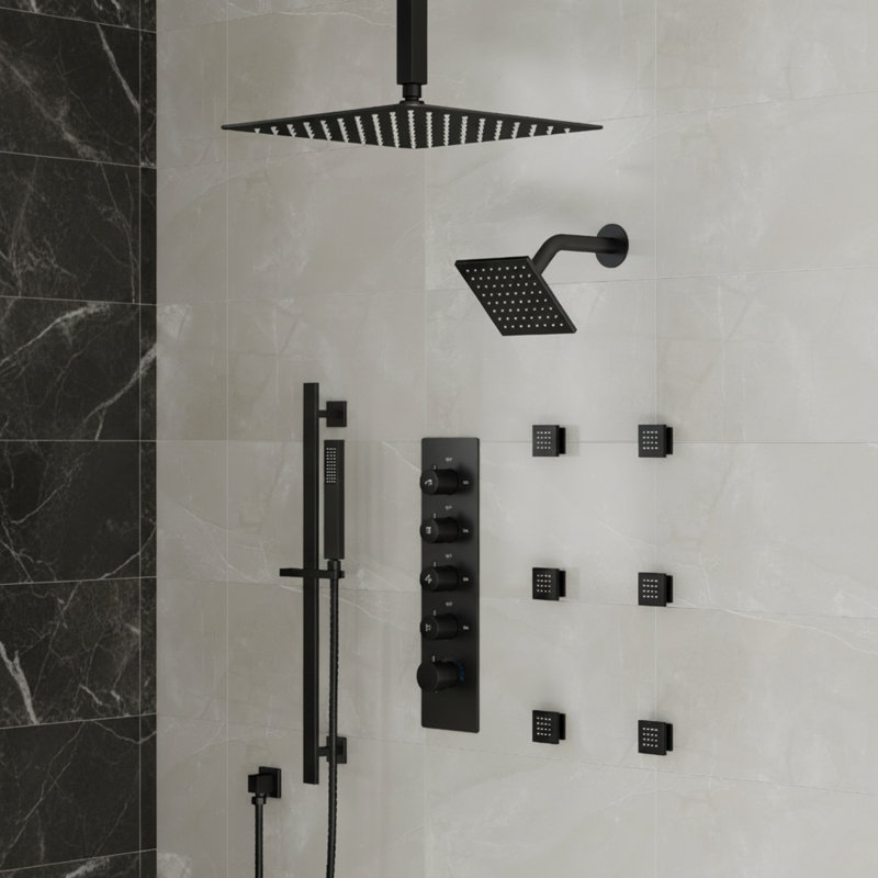 Ceiling Mount 16" High-Pressure Rainfall Shower Faucet, Dual Rainfall Shower Head System with Thermostatic Valve, Matte Black