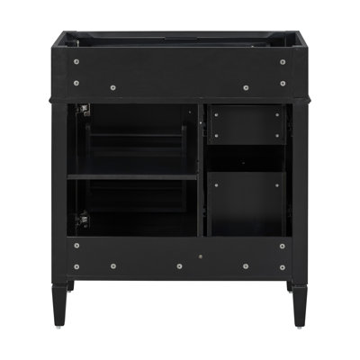 Meuble-lavabo moderne de 30 po avec 3 tiroirs et un tiroir basculant, une tablette réglable, un organisateur de porte d'armoire, une poignée texturée, du bois massif et du noir pour le rangement