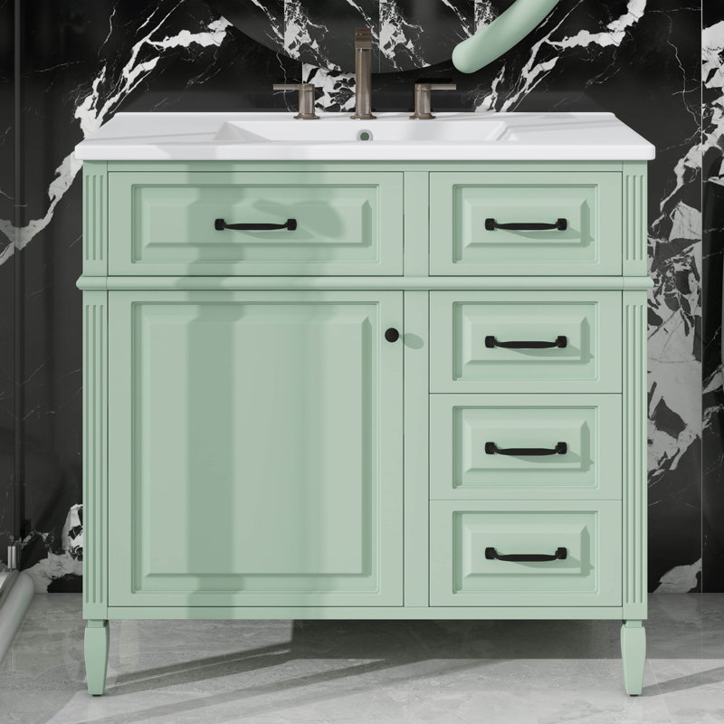 Meuble-lavabo autoportant de 36 pouces avec comptoir en céramique - structure en bois massif, armoire en panneau de fibres à densité moyenne, tiroir rabattable, tablette réglable, poignées en métal