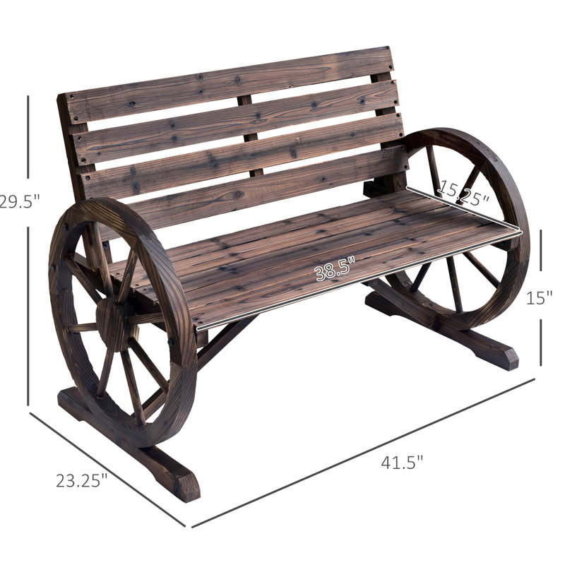 Banc 41 po rustique en bois avec fonction météo, 2 sièges et une roue de chariot, bois de sapin massif, conception de jardin d'extérieur brun