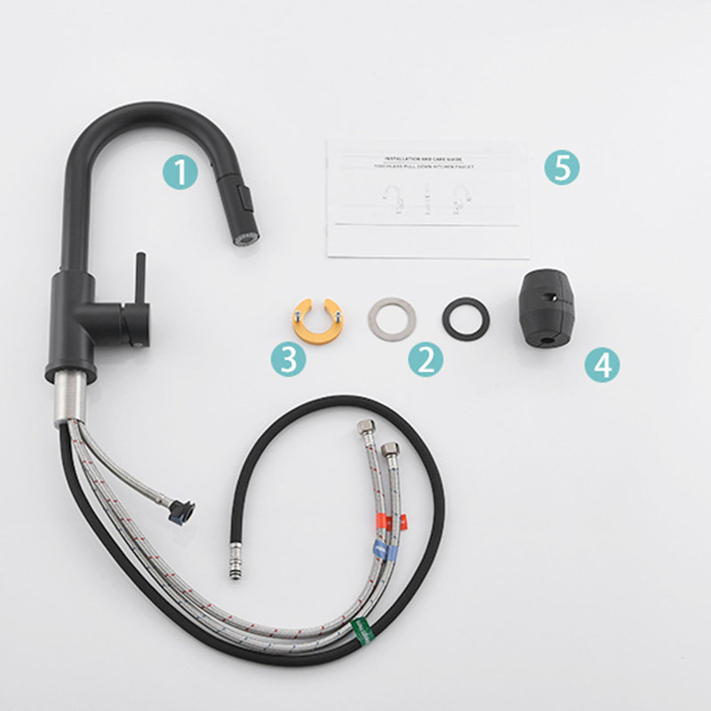Robinet de salle de bain noir rétractable - pivotant à 360 °, poignée simple, robinets modernes en acier inoxydable pour évier de cuisine avec douchette en céramique