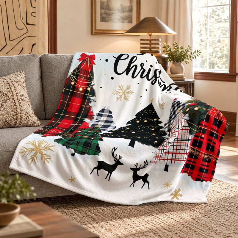 Plaid de Noël en flanelle avec imprimé Joyeux Noël, sapins à carreaux, rennes et flocons de neige, 60 x 80 po
