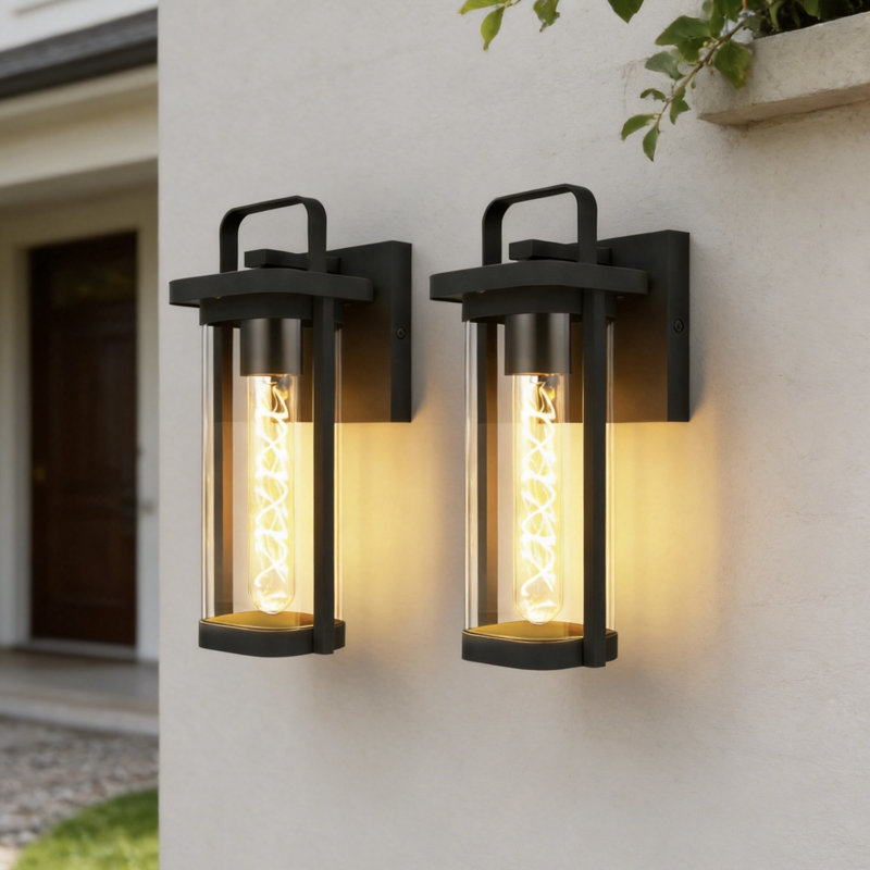 Outdoor Large Wall Sconce Light, Matte Black Metal & Tempered Glass Shade Wall Lantern Waterproof For Porch Doorway Patio（Set Of 2)