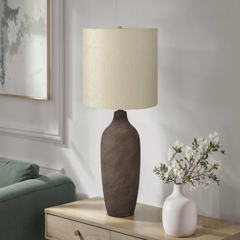 Lighting, H 27 po, lampe de table, céramique grise, abat-jour beige, contemporain