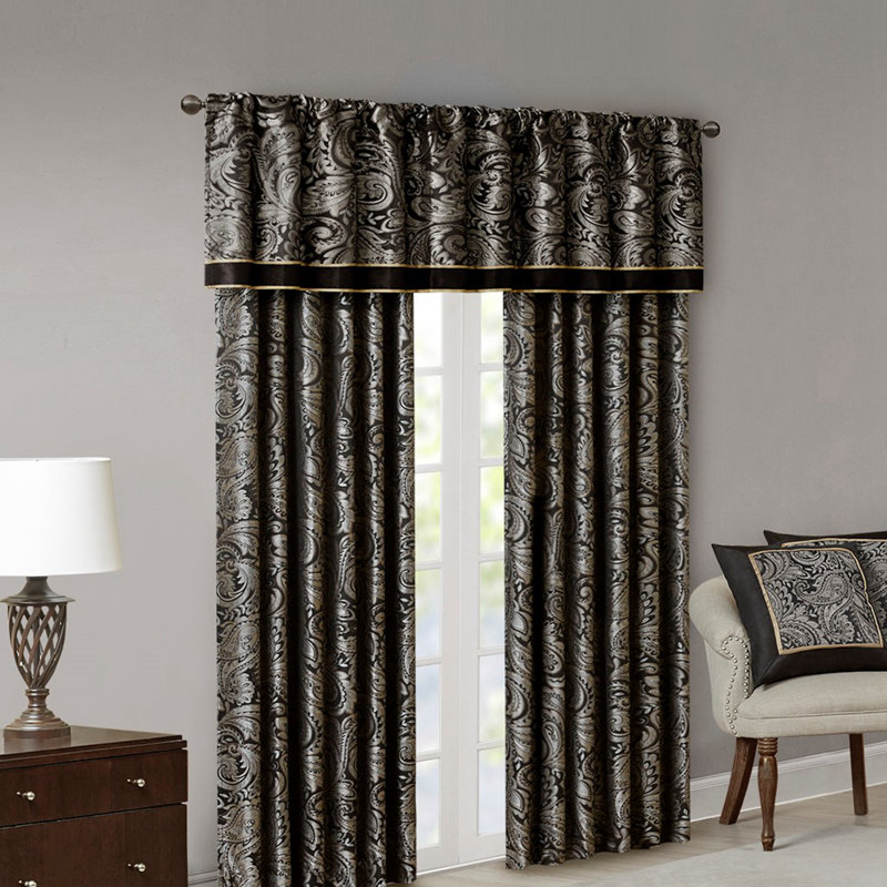 Black Faux Silk Jacquard Light-Filtering Curtain Panel Pair