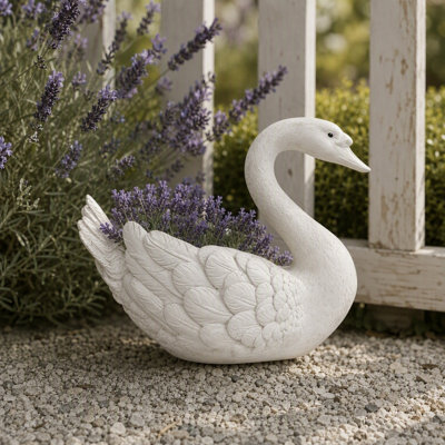 White Resin Swan Planter, Large Decorative Garden Statue