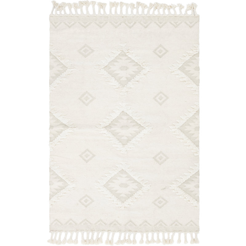 Tapis crème en laine tissé à plat à la main Shriver Southwestern, Rectangle 6 pi 1 po x 9 pi