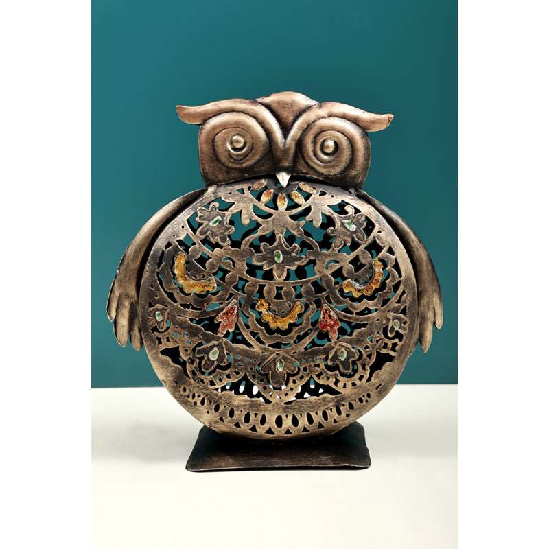Porte-bougie 10 "fait à la main en forme de hibou en fer - Lanterne fantaisiste en métal et ombre à roulettes Woodland