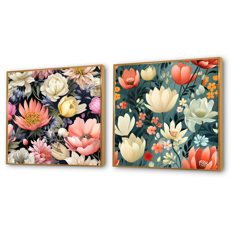 Leonard - Ensemble de 2 collages floraux carrés, Cadre flottant doré, H 36 po x l 73 po