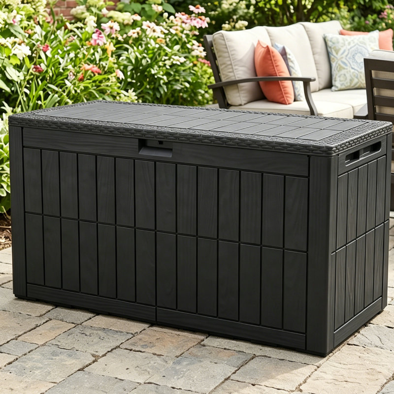Coffre de jardin verrouillable en résine résistante à l'eau, d'une capacité de 100 gallons (environ 378 litres), idéal pour ranger coussins de terrasse, jouets de piscine et outils de jardin.