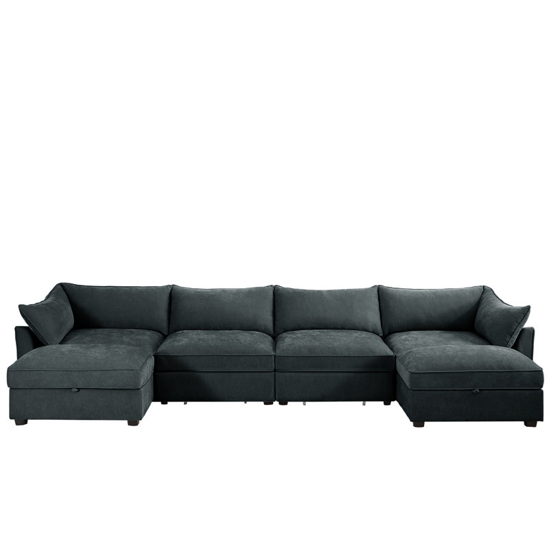 Meneo U-Shaped Chenille Sectional Sofa with 2 Ottomans & Storage, Black Chenille