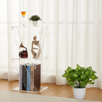 Bibliothèque échelle moderne à 3 niveaux en acrylique transparent, support mural pour table d'appoint flottante, tablette minimaliste pour salon, chambre à coucher, bureau et salle de bain, 11,8 x 11,8 x 27,4 po