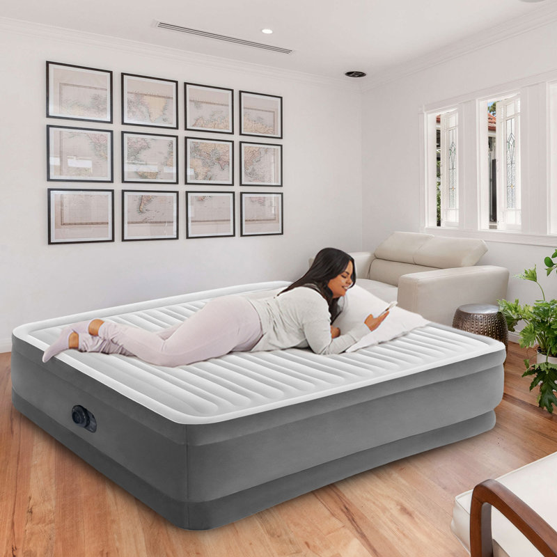 King Size Gray and White Raised Air Mattress with Built-In Pump