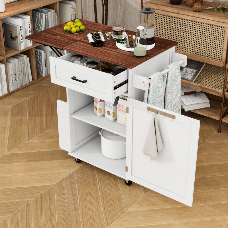 Kitchen Island with Drop Leaf, Drawer, Side Rack and Towel Rack, White