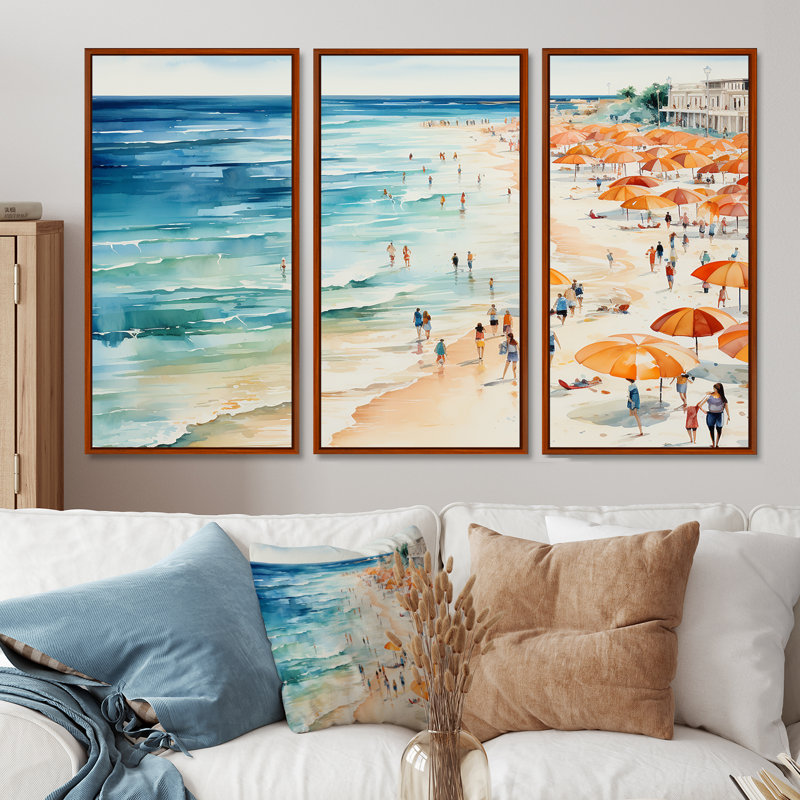 Beach Day Umbrella Parade V - Coastal Beach Sand, art mural, Cadre flottant doré, H 40 po x l 60 po x P 1 po