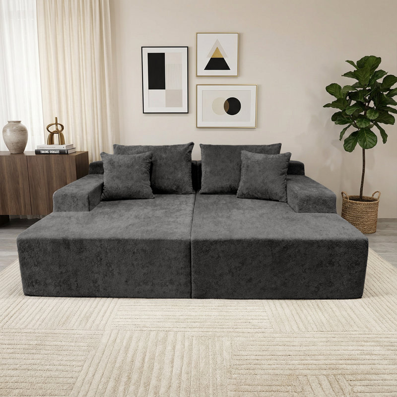  78.8" Boneless Convertible Loveseat Chaise Sleeper Sofa, 2-Piece Modular Couch, No Assembly - Black Onyx, Chenille, Chenille