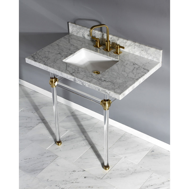 Kingston Brass Templeton 36-Inch Carrara Marble Vanity Top with Clear Acrylic Legs (8-Inch, 3-Hole), Satin Brass