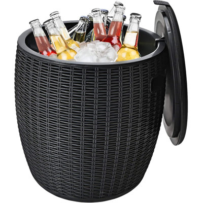 17 Inch Ice Cooler, Wicker Round Ice Chest, Outdoor Beer Wine Ice Bucket, Weather-Resistant Patio Cool Bar Table For Cocktail Party Poolside Deck