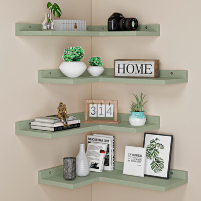 4 Tier Corner Floating Shelves Set of 4, Rustic Pine Wood Corner Shelves for Wall Storage and Decor, L-Shaped Corner Wall Mounted Shelf for Bedroom, Living Room, Bathroom, Kitchen and more
