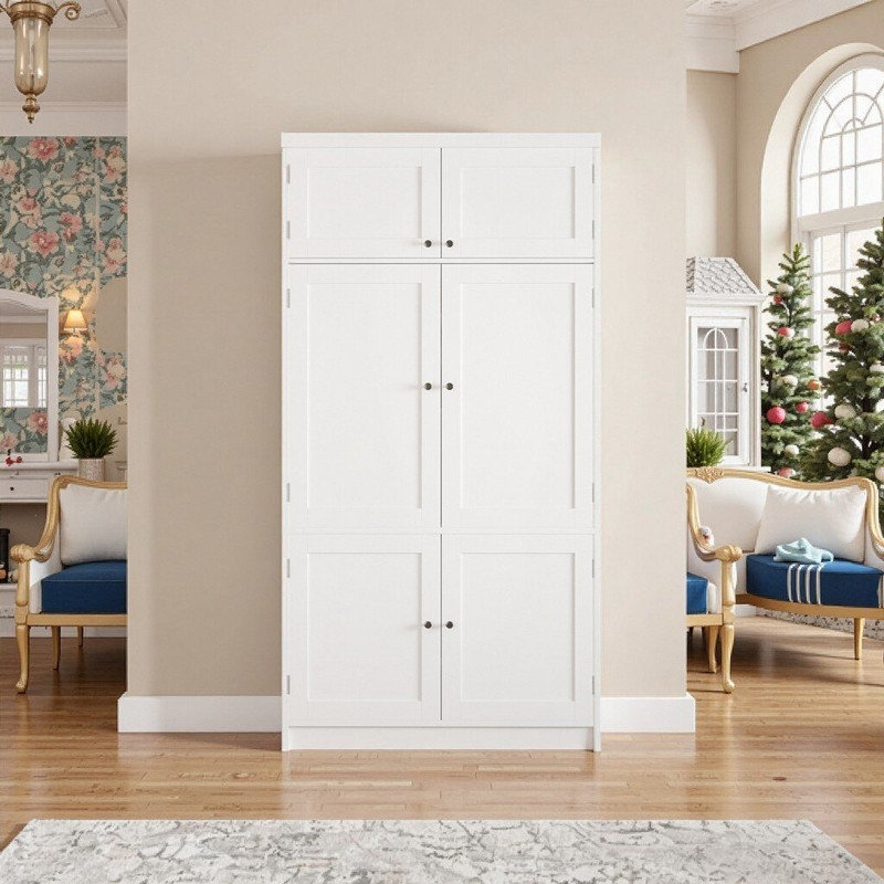 Kitchen Pantry Cabinet, 41.3" Wide Shaker Style Storage With Power Outlets & Adjustable Shelves, White