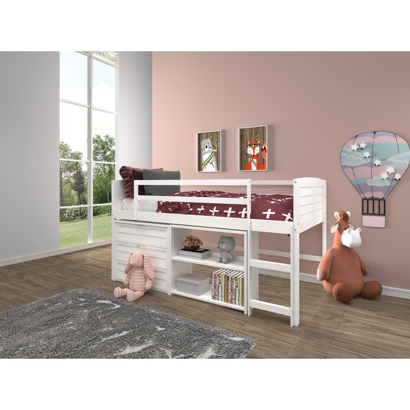 Hagen Twin Wood Platform Loft Bed with Bookcase by Sunside Sails, White