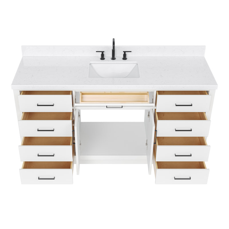 Thornaby 66'' Solid Wood Single Bathroom Vanity with 1.5'' Carrara Quartz Top, White, Rectangular