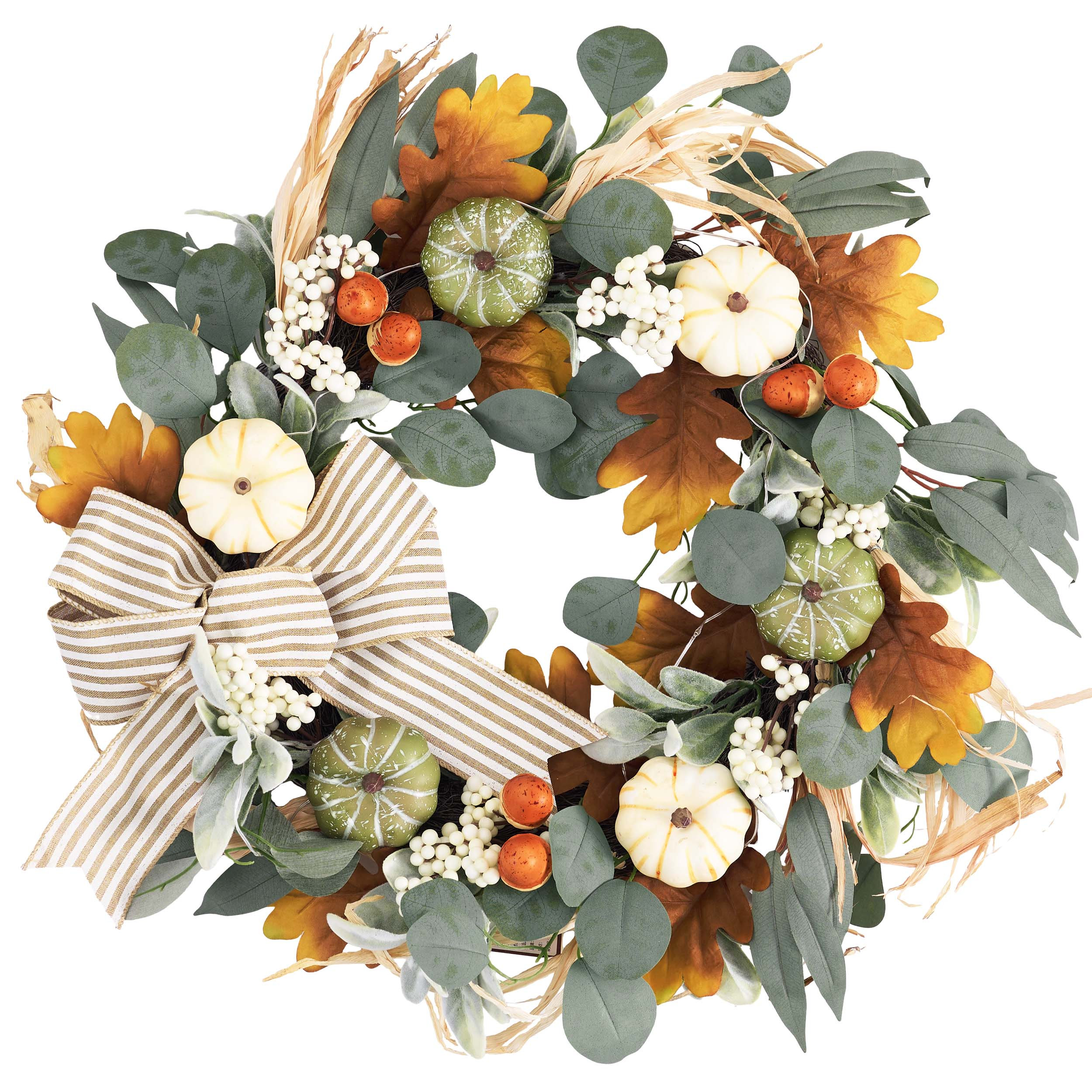 Valery Madelyn 24" Collapsible Fall Wreaths for Front Door, Neutral Autumn Door Wreath with Lights Pumpkins Bow Outdoor Fall Halloween Decorations for Home Porch Thanksgiving Harvest Outdoor Deco...