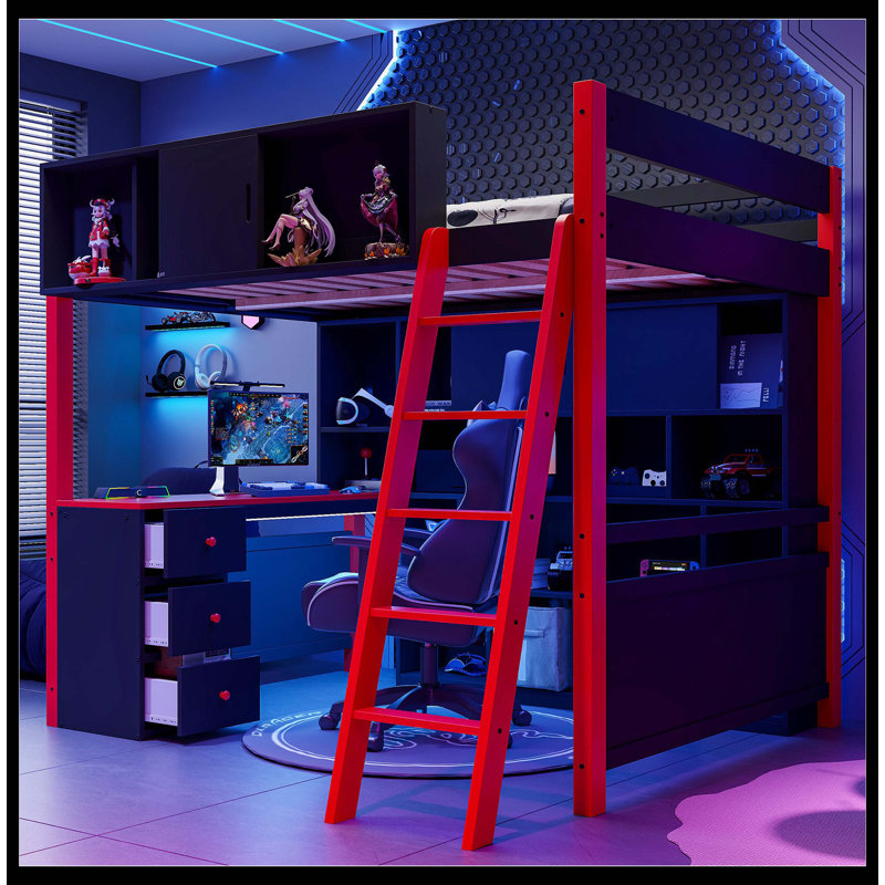 Lit mezzanine double en bois avec bureau, grand espace de rangement et lumière, rouge, Rouge