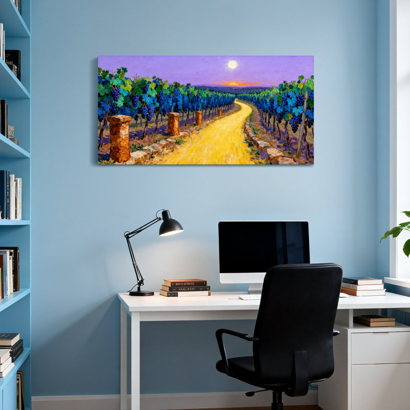 Paysage et nature Chemin des vignes, coucher de soleil, vignes, ciel, lune, lumière, H 16 po x l 32 po