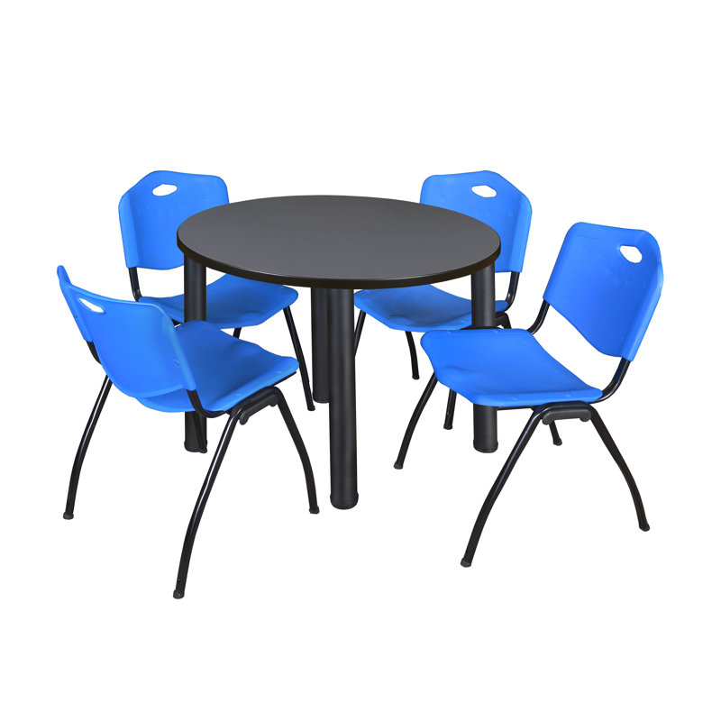 Plateau de table Kee, 4 chaises empilables, Bleu, Gris, 29" H x 42" W x 42" D