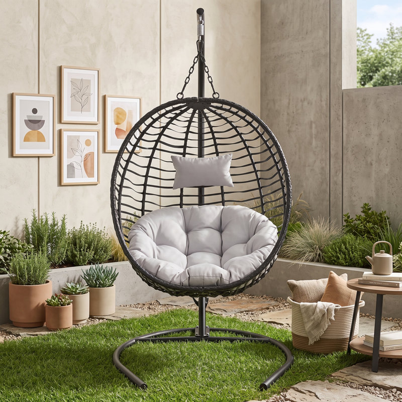 Fauteuil à œufs pliant en osier PEHD avec support en métal, coussin, appui-tête réglable et pieds antidérapants, Noir gris