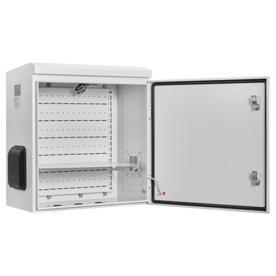 Outdoor Electrical Box, Cold-Rolled Steel, Electrical Junction Box with Thermostat and Fan, Rain Hood, Ventilated Design, IP65 Waterproof Hinged Enclosure, Wall/Pole Mounted, 24 x 24 x 12 in